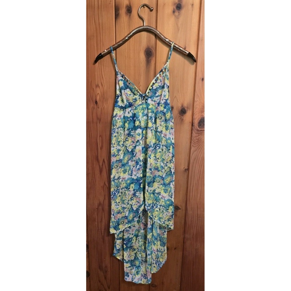 En Creme Floral V-Neck Strappy Dress Blue Yellow Green Boho Chiffon Size S